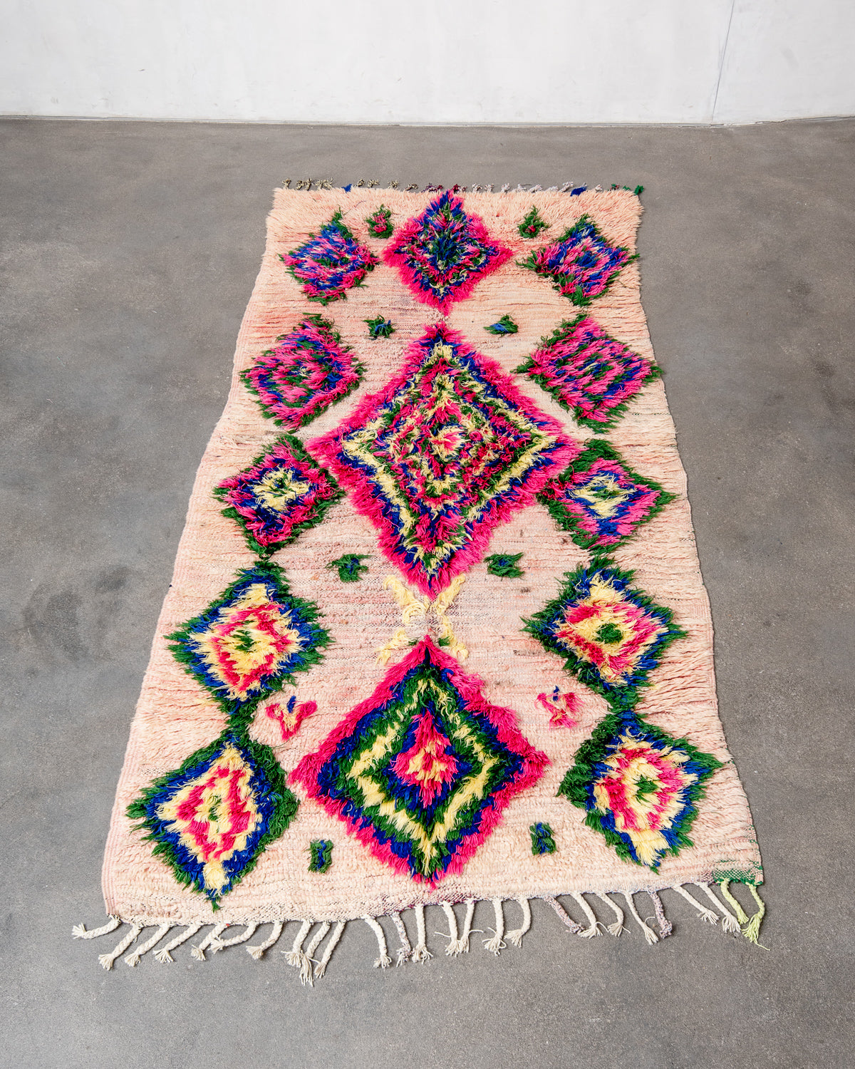 Modern, designer, handcrafted Berber runner rug from Morocco. Vintage carpet with beautiful colours and patterns and fluffy texture.